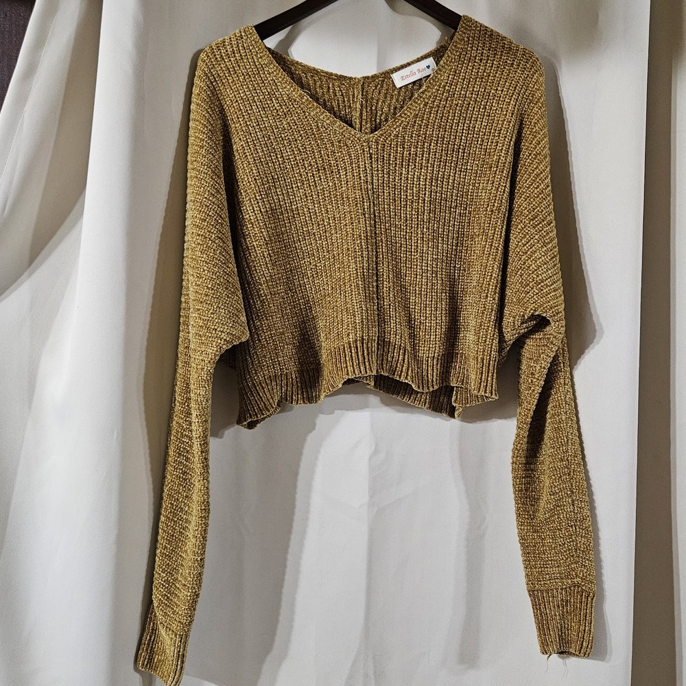 Estella Rae Mustard Gold Chenille Cropped V-Neck Sweater Relaxed Fit Small